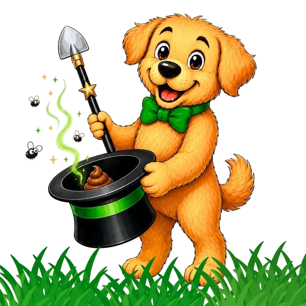 Pooudini golden puppy mascot matching the logo, holding the branded magic scoop and wearing a black top hat with a green band
